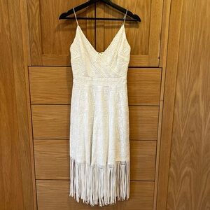 Nicole Miller Artelier Elina Burnout Patterned Fringe Midi Dress Ivory Size 0